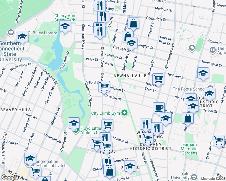 map of restaurants, bars, coffee shops, grocery stores, and more near in New Haven