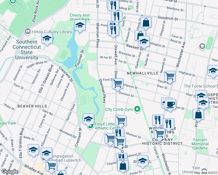 map of restaurants, bars, coffee shops, grocery stores, and more near 16 Ford Street in New Haven
