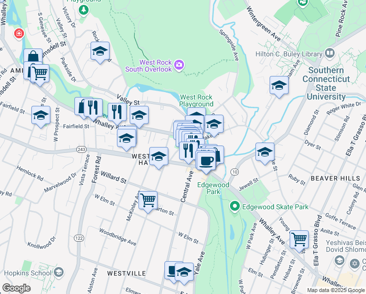 map of restaurants, bars, coffee shops, grocery stores, and more near 37 Harrison Street in New Haven
