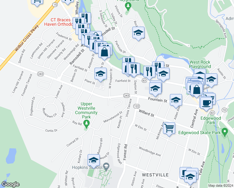 map of restaurants, bars, coffee shops, grocery stores, and more near 345 Fountain Street in New Haven