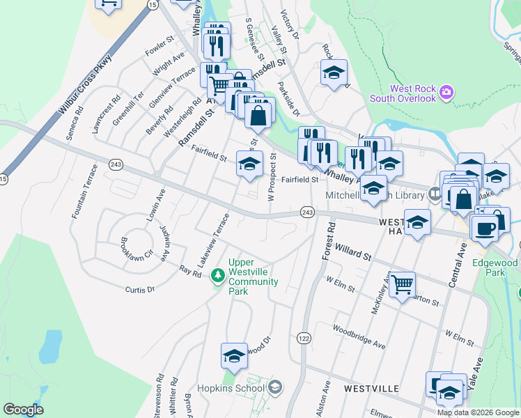 map of restaurants, bars, coffee shops, grocery stores, and more near 31 West Prospect Street in New Haven