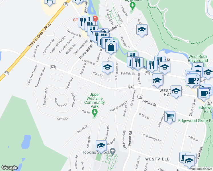 map of restaurants, bars, coffee shops, grocery stores, and more near 403 Fountain Street in New Haven