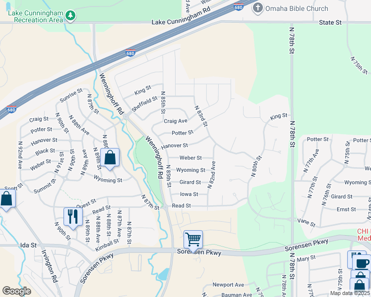 map of restaurants, bars, coffee shops, grocery stores, and more near 8342 Hanover Street in Omaha