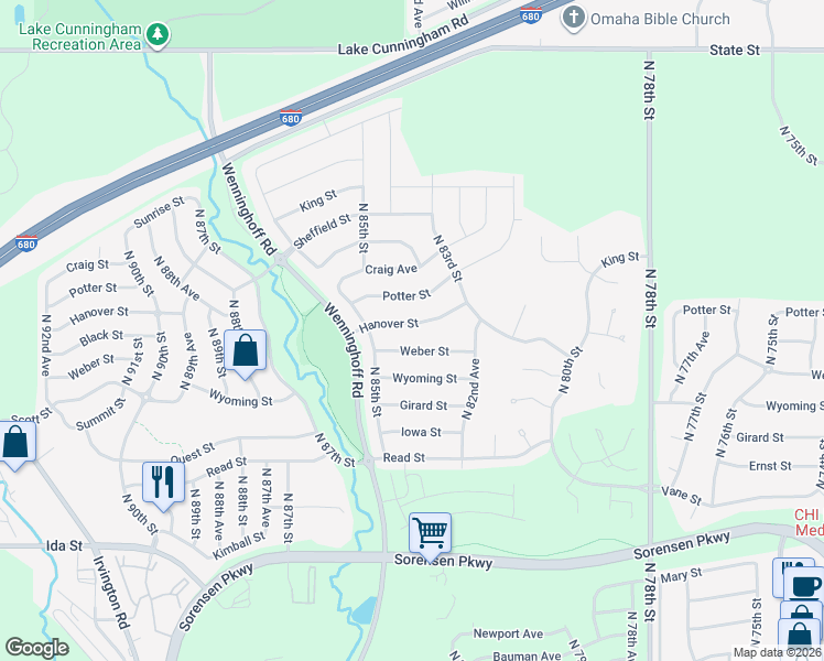 map of restaurants, bars, coffee shops, grocery stores, and more near 8342 Hanover Street in Omaha