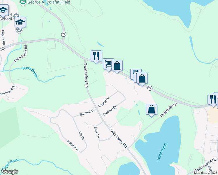 map of restaurants, bars, coffee shops, grocery stores, and more near 79 Colonial Drive in North Branford