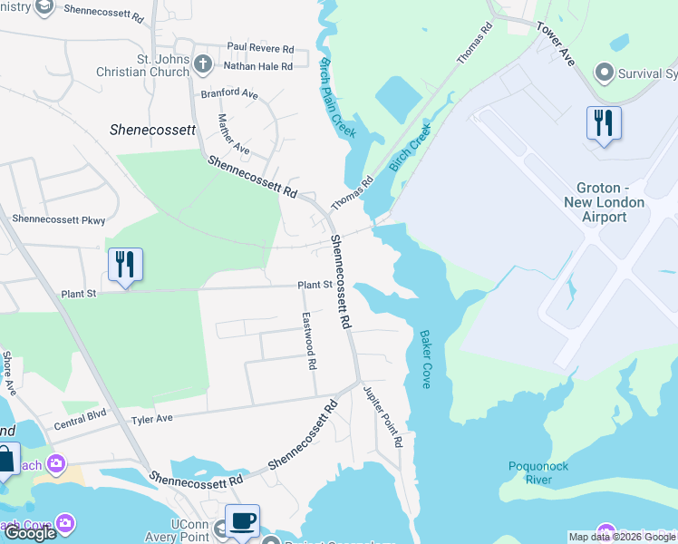 map of restaurants, bars, coffee shops, grocery stores, and more near 700 Shennecossett Road in Groton