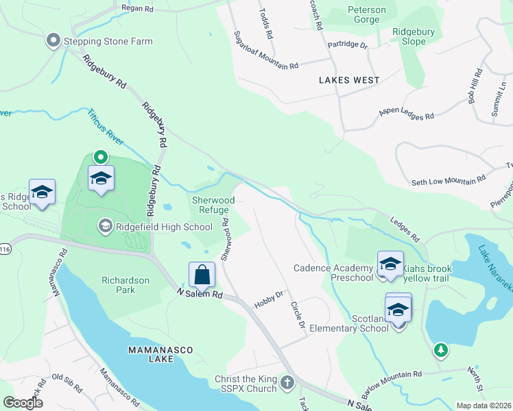 map of restaurants, bars, coffee shops, grocery stores, and more near 88 Ledges Road in Ridgefield