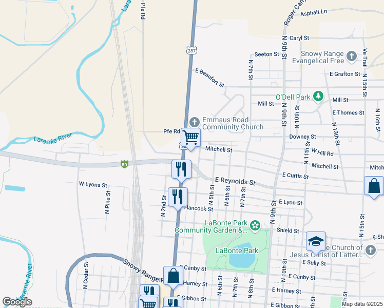 map of restaurants, bars, coffee shops, grocery stores, and more near 1759 North 3rd Street in Laramie