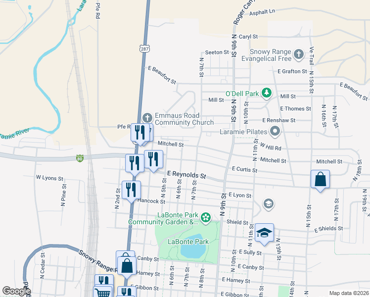 map of restaurants, bars, coffee shops, grocery stores, and more near 529 Mitchell Street in Laramie