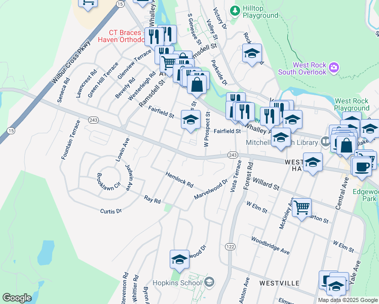 map of restaurants, bars, coffee shops, grocery stores, and more near 405 Fountain Street in New Haven