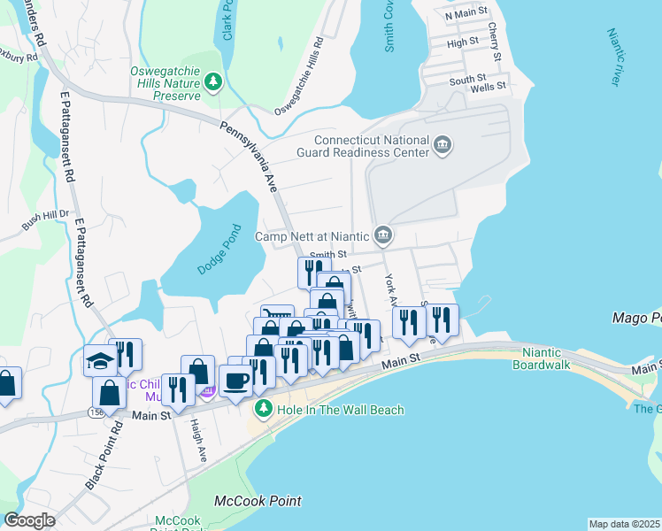 map of restaurants, bars, coffee shops, grocery stores, and more near 18 Smith Street in East Lyme