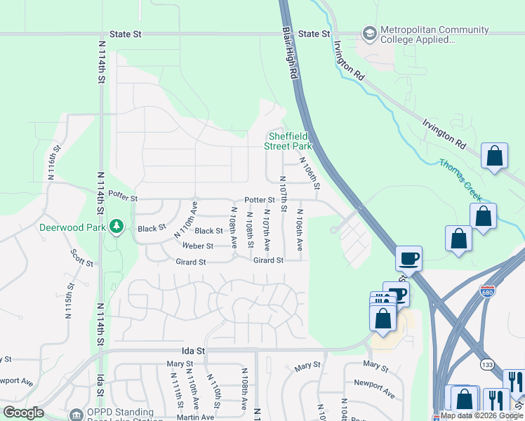 map of restaurants, bars, coffee shops, grocery stores, and more near 7532 North 107th Avenue in Omaha