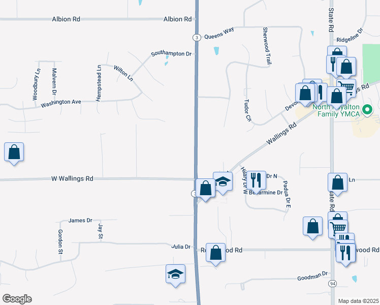 map of restaurants, bars, coffee shops, grocery stores, and more near 11702 Ridge Road in North Royalton