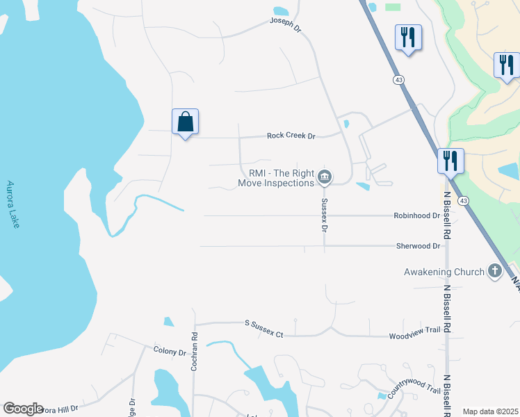 map of restaurants, bars, coffee shops, grocery stores, and more near 736 Robinhood Drive in Aurora