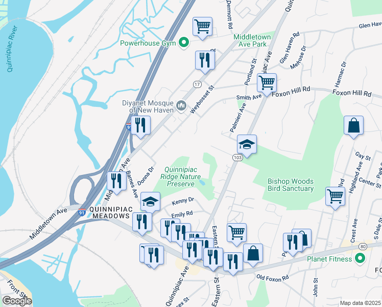 map of restaurants, bars, coffee shops, grocery stores, and more near Sunset Ridge in New Haven