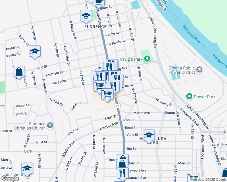 map of restaurants, bars, coffee shops, grocery stores, and more near 7444 North 30th Street in Omaha