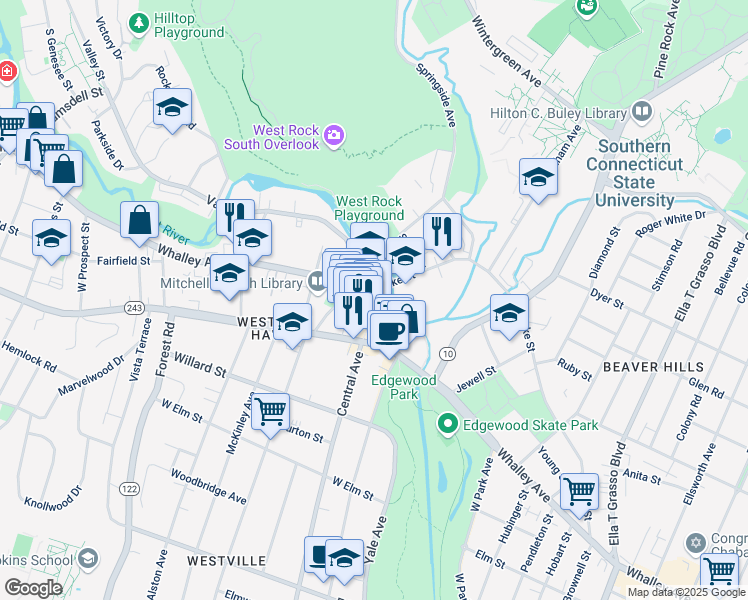 map of restaurants, bars, coffee shops, grocery stores, and more near 918 Whalley Avenue in New Haven