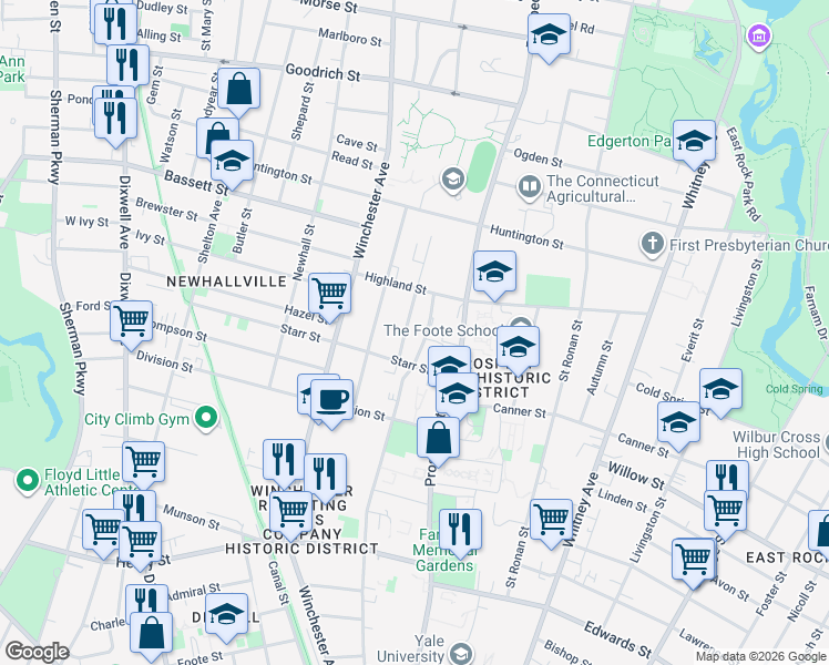 map of restaurants, bars, coffee shops, grocery stores, and more near 45 Sheldon Terrace in New Haven