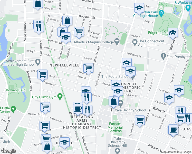 map of restaurants, bars, coffee shops, grocery stores, and more near 144 Sheffield Avenue in New Haven