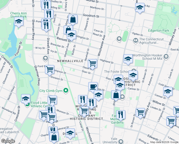 map of restaurants, bars, coffee shops, grocery stores, and more near 151 Newhall Street in New Haven