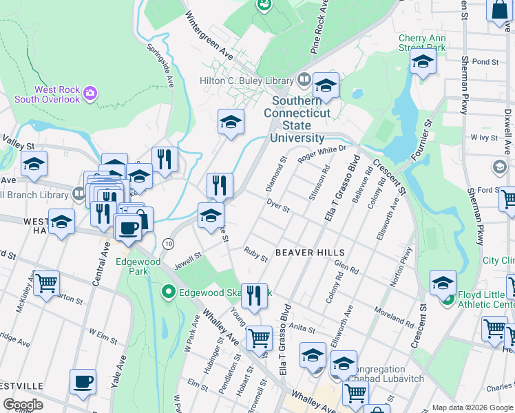 map of restaurants, bars, coffee shops, grocery stores, and more near 300 Dyer Street in New Haven