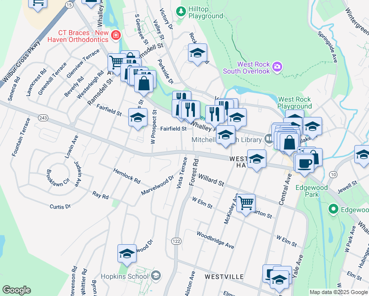map of restaurants, bars, coffee shops, grocery stores, and more near 22 Dayton Street in New Haven