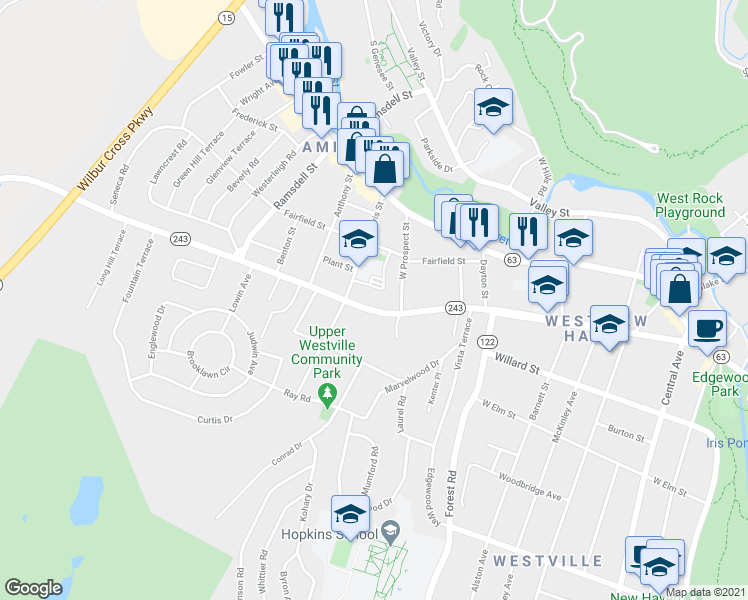 map of restaurants, bars, coffee shops, grocery stores, and more near 403 Fountain Street in New Haven