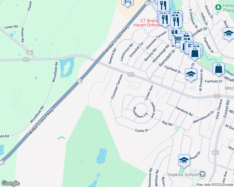 map of restaurants, bars, coffee shops, grocery stores, and more near 60 Fountain Terrace in New Haven