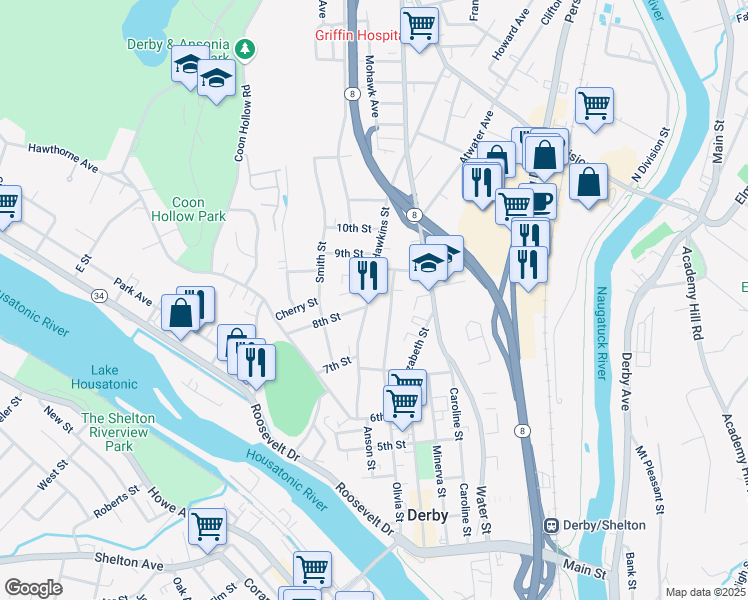 map of restaurants, bars, coffee shops, grocery stores, and more near 3 Francis Street in Derby
