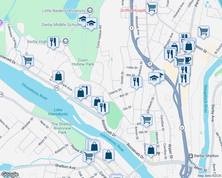 map of restaurants, bars, coffee shops, grocery stores, and more near 11 Summit Street in Derby