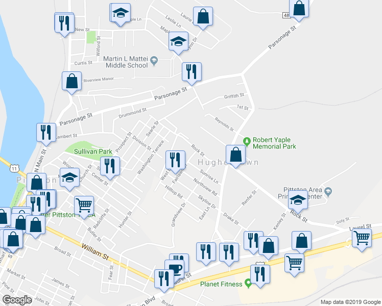 map of restaurants, bars, coffee shops, grocery stores, and more near 65 Rock St in Hughestown