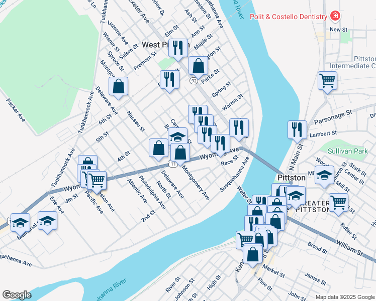 map of restaurants, bars, coffee shops, grocery stores, and more near 109 Luzerne Avenue in Luzerne County
