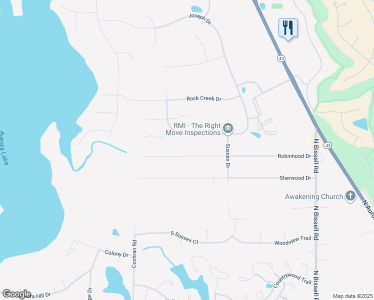 map of restaurants, bars, coffee shops, grocery stores, and more near 736 Robinhood Drive in Aurora