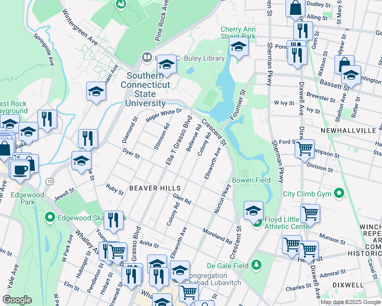map of restaurants, bars, coffee shops, grocery stores, and more near 400 Bellevue Road in New Haven