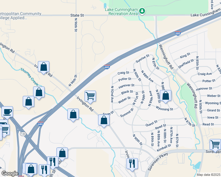 map of restaurants, bars, coffee shops, grocery stores, and more near 7514 North 92nd Avenue in Omaha