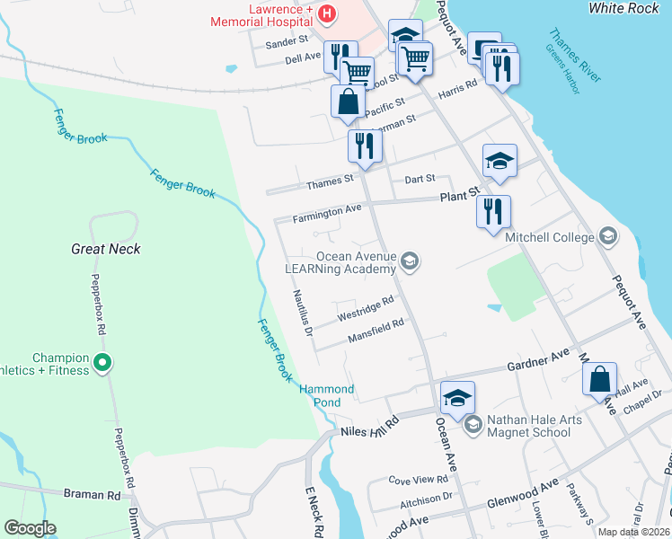 map of restaurants, bars, coffee shops, grocery stores, and more near 69 Nob Hill Road in New London