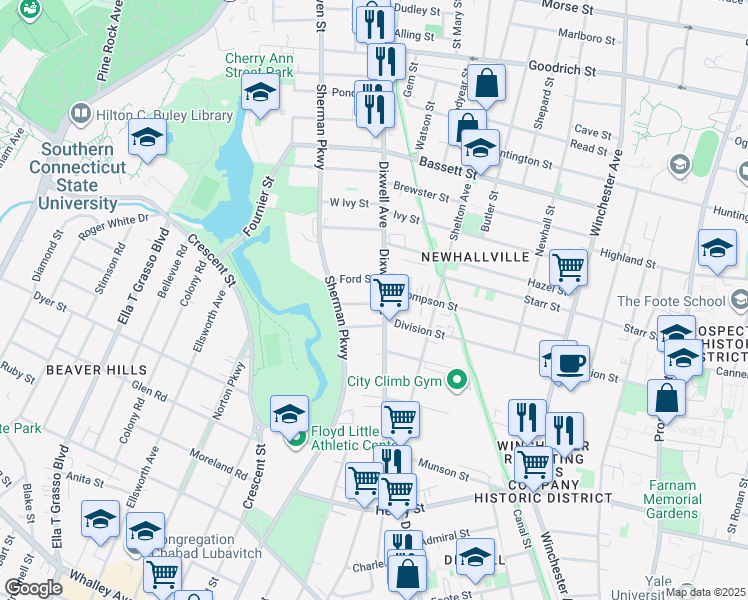 map of restaurants, bars, coffee shops, grocery stores, and more near 3 Harding Place in New Haven