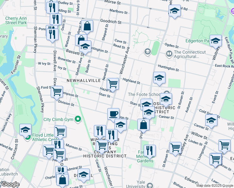 map of restaurants, bars, coffee shops, grocery stores, and more near 585 Winchester Avenue in New Haven
