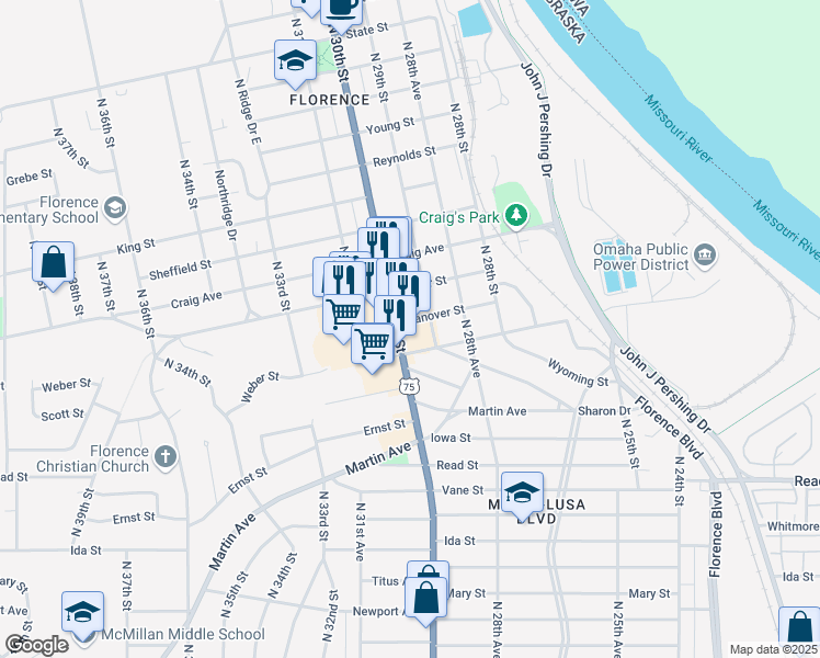 map of restaurants, bars, coffee shops, grocery stores, and more near 7505 North 30th Street in Omaha