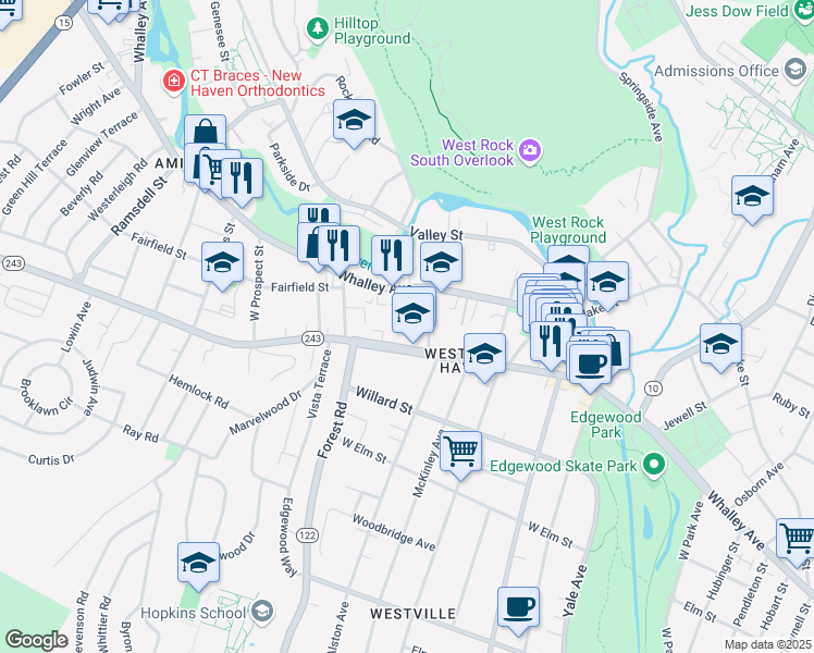 map of restaurants, bars, coffee shops, grocery stores, and more near 191 Fountain Street in New Haven