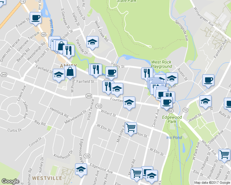 map of restaurants, bars, coffee shops, grocery stores, and more near 191 Fountain Street in New Haven