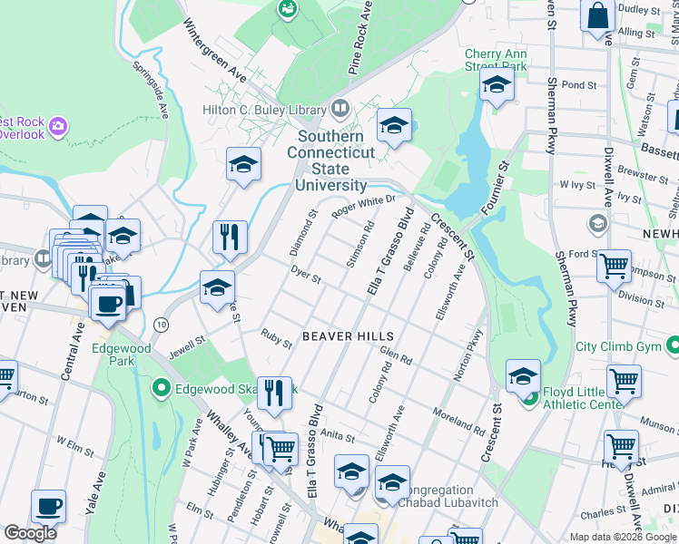 map of restaurants, bars, coffee shops, grocery stores, and more near 16 Beaver Hill Lane in New Haven