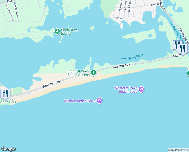 map of restaurants, bars, coffee shops, grocery stores, and more near 495 Atlantic Avenue in Westerly