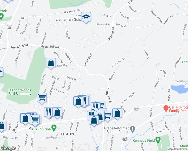 map of restaurants, bars, coffee shops, grocery stores, and more near 71 Foxon Hill Road in East Haven