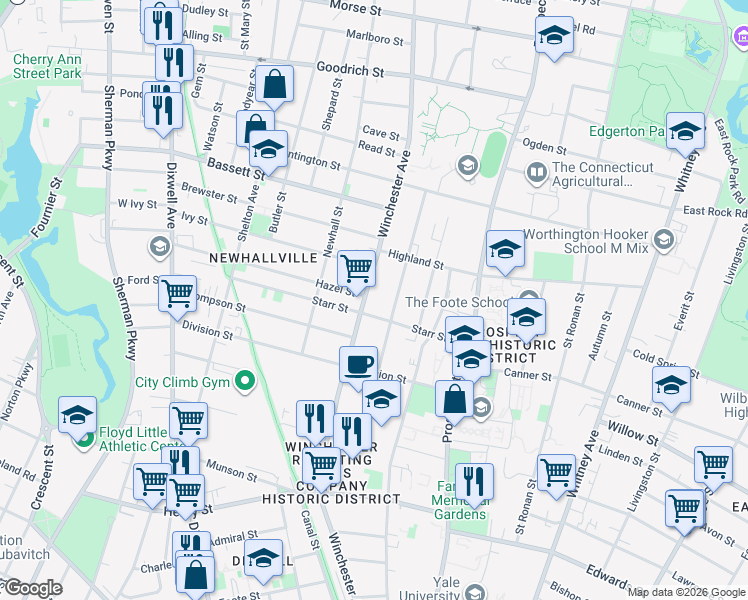 map of restaurants, bars, coffee shops, grocery stores, and more near 593 Winchester Avenue in New Haven