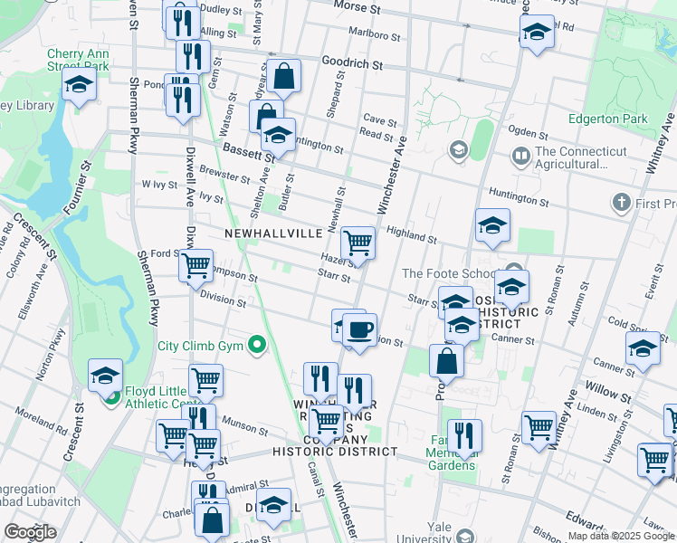 map of restaurants, bars, coffee shops, grocery stores, and more near 151 Newhall Street in New Haven