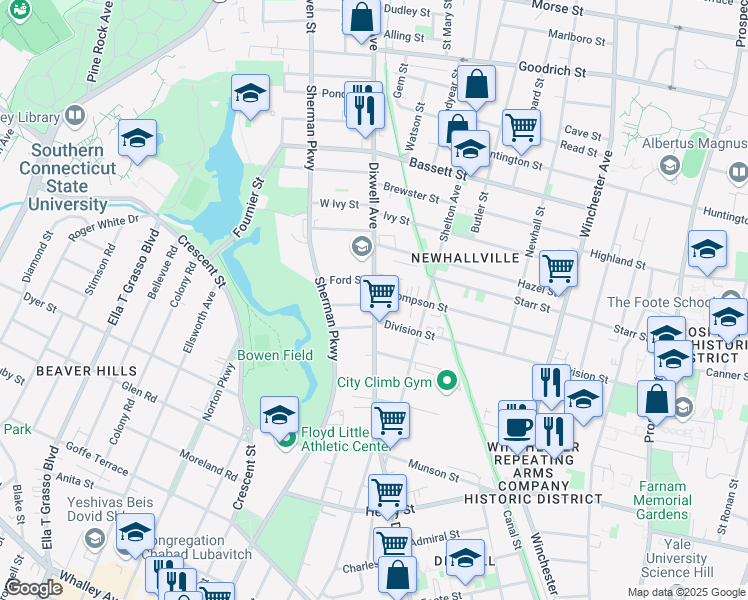 map of restaurants, bars, coffee shops, grocery stores, and more near 185 Thompson Street in New Haven