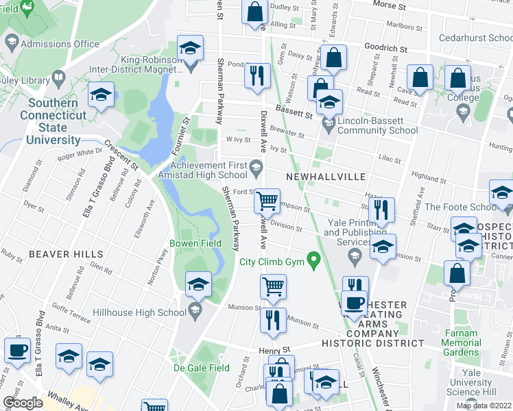 map of restaurants, bars, coffee shops, grocery stores, and more near 16 Ford Street in New Haven