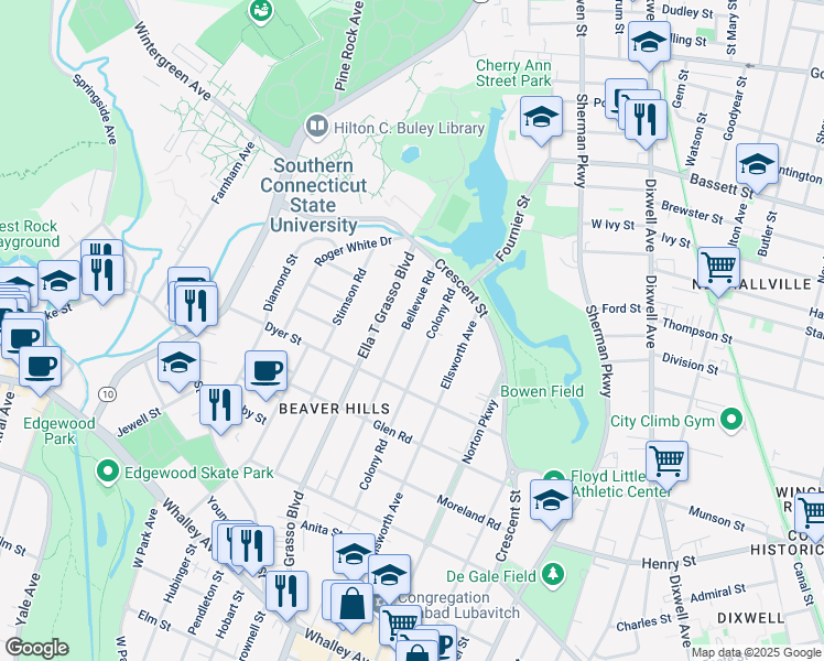 map of restaurants, bars, coffee shops, grocery stores, and more near 400 Bellevue Road in New Haven