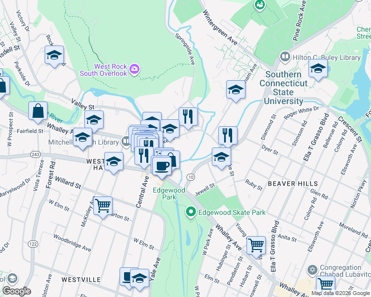 map of restaurants, bars, coffee shops, grocery stores, and more near 400 Blake Street in New Haven